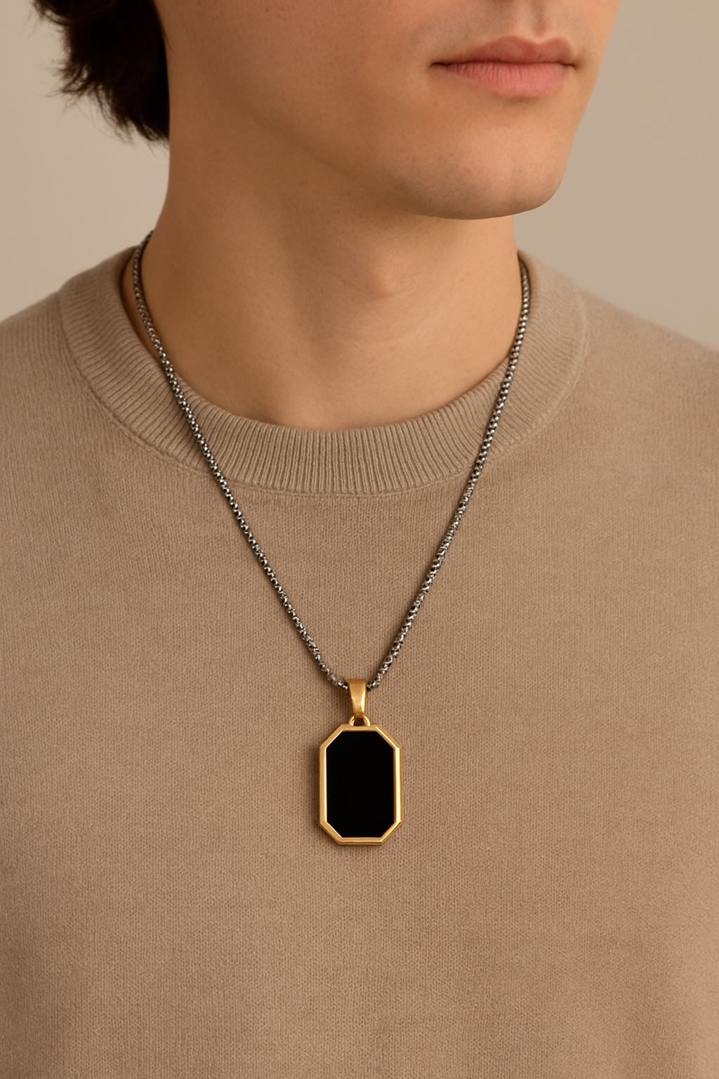 Unisex Gold Plated Black Stone Pendant Necklace | Modern Minimalist Chain for Men & Women | Trendy Everyday Fashion Jewelry