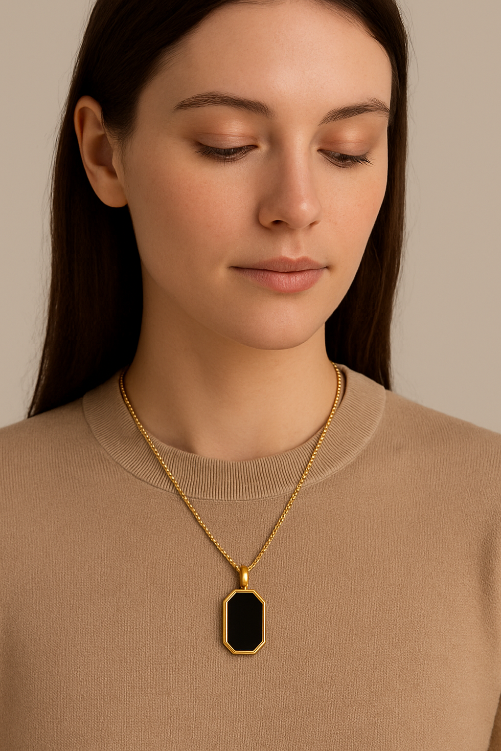 Unisex Gold Plated Black Stone Pendant Necklace | Modern Minimalist Chain for Men & Women | Trendy Everyday Fashion Jewelry