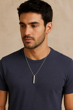 Sterling Silver Bar Pendant Necklace for Men | Minimalist Vertical Bar Design with Silver Chain | Daily Wear Stylish Metal Pendant for Boys & Men