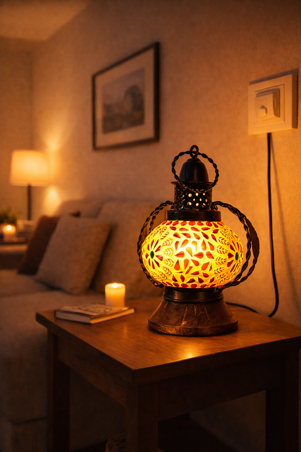 Handcrafted Mosaic Glass Lantern | Vintage Electric Night Lamp for Home Décor & Ambient Lighting