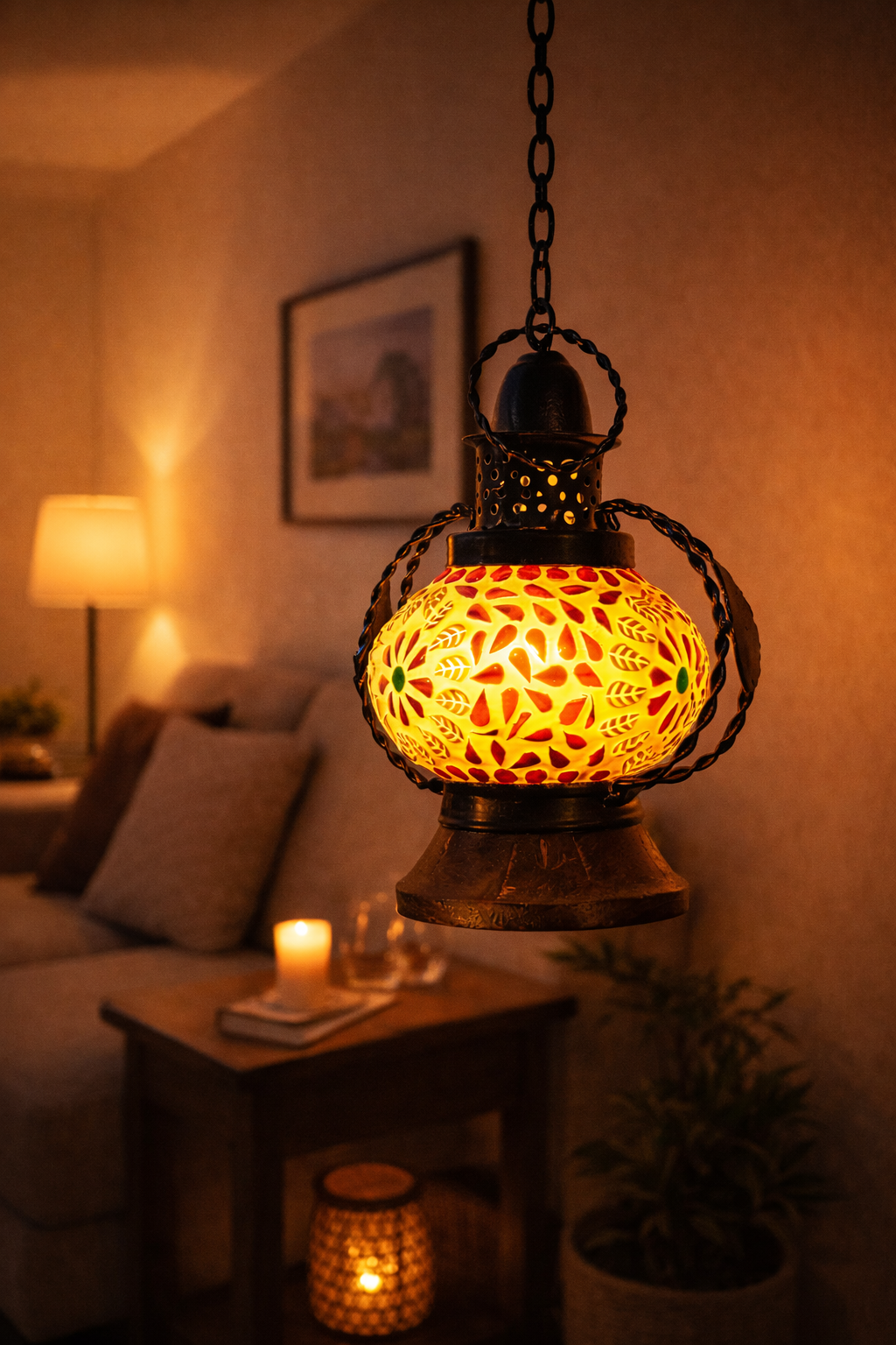 Handcrafted Mosaic Glass Lantern | Vintage Electric Night Lamp for Home Décor & Ambient Lighting
