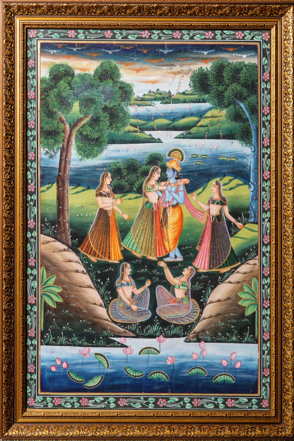 Handpainted Shrinathji & Radha Krishna Silk Pichwai Painting – Udaipur Artisan Craft – Authentic Rajasthani Wall Art with Organic Mineral Colors & Gold Foil – Framed, 85.3 x 54.9 cm, Vertical