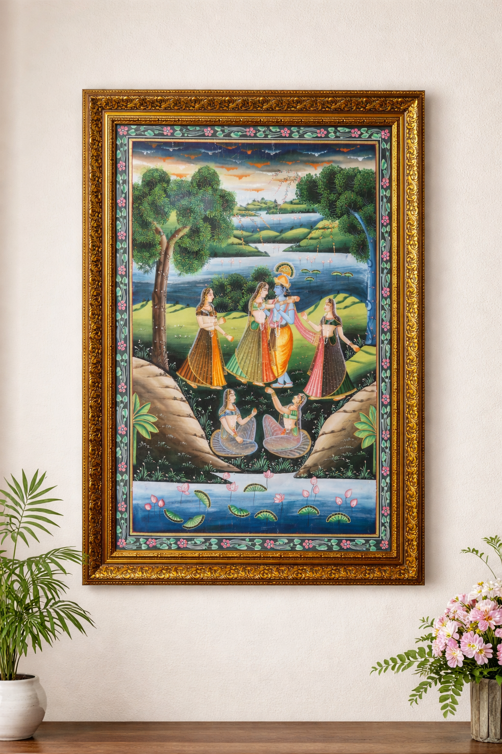 Handpainted Shrinathji & Radha Krishna Silk Pichwai Painting – Udaipur Artisan Craft – Authentic Rajasthani Wall Art with Organic Mineral Colors & Gold Foil – Framed, 85.3 x 54.9 cm, Vertical