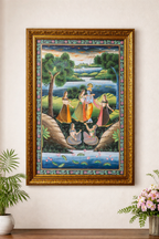 Handpainted Shrinathji & Radha Krishna Silk Pichwai Painting – Udaipur Artisan Craft – Authentic Rajasthani Wall Art with Organic Mineral Colors & Gold Foil – Framed, 85.3 x 54.9 cm, Vertical