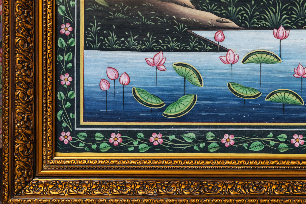 Handpainted Shrinathji & Radha Krishna Silk Pichwai Painting – Udaipur Artisan Craft – Authentic Rajasthani Wall Art with Organic Mineral Colors & Gold Foil – Framed, 85.3 x 54.9 cm, Vertical