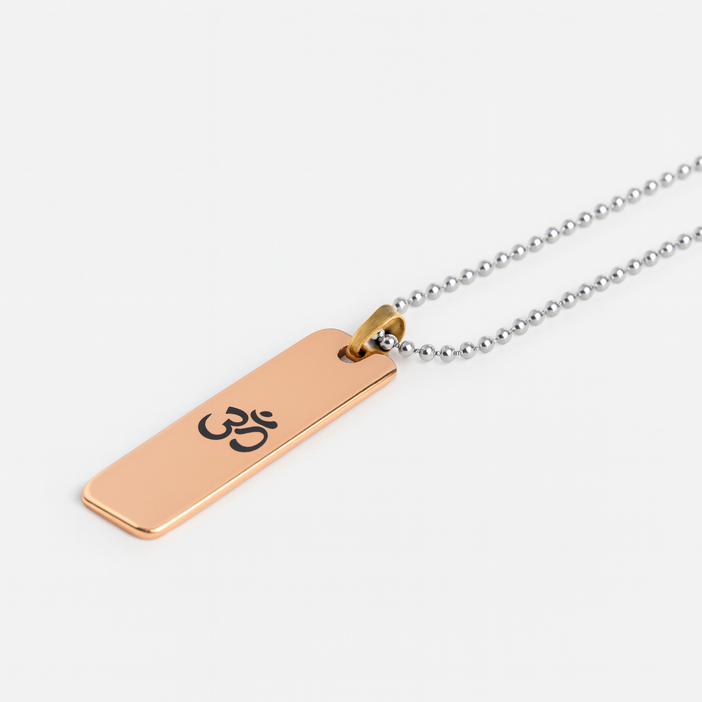 OM Pendant Necklace for Men | Rose Gold Plated Bar Pendant with Silver Chain | Spiritual Hindu Religious Locket for Daily Wear & Gifting