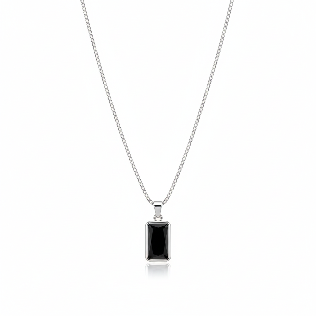 Men’s Black Rectangle Pendant with Chain | Minimalist Silver Frame Locket for Men | Stylish Trendy Men Jewellery