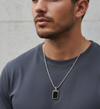 Men’s Black Rectangle Pendant with Chain | Minimalist Silver Frame Locket for Men | Stylish Trendy Men Jewellery