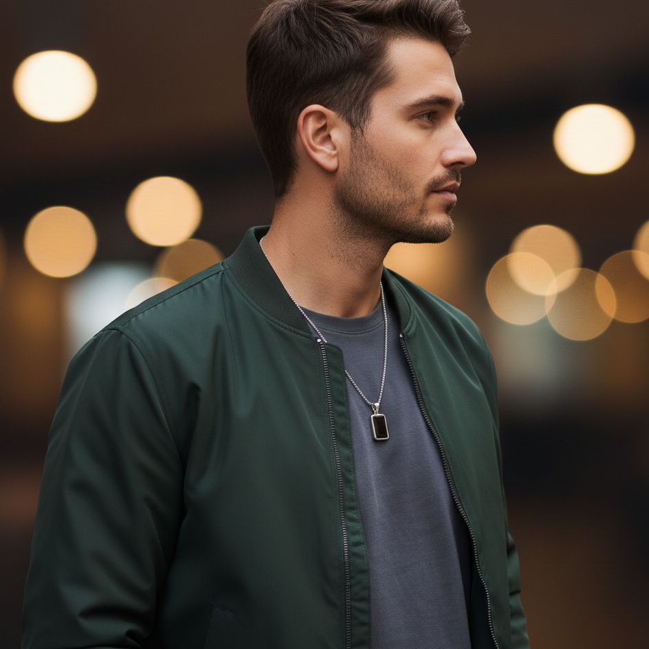 Men’s Black Rectangle Pendant with Chain | Minimalist Silver Frame Locket for Men | Stylish Trendy Men Jewellery