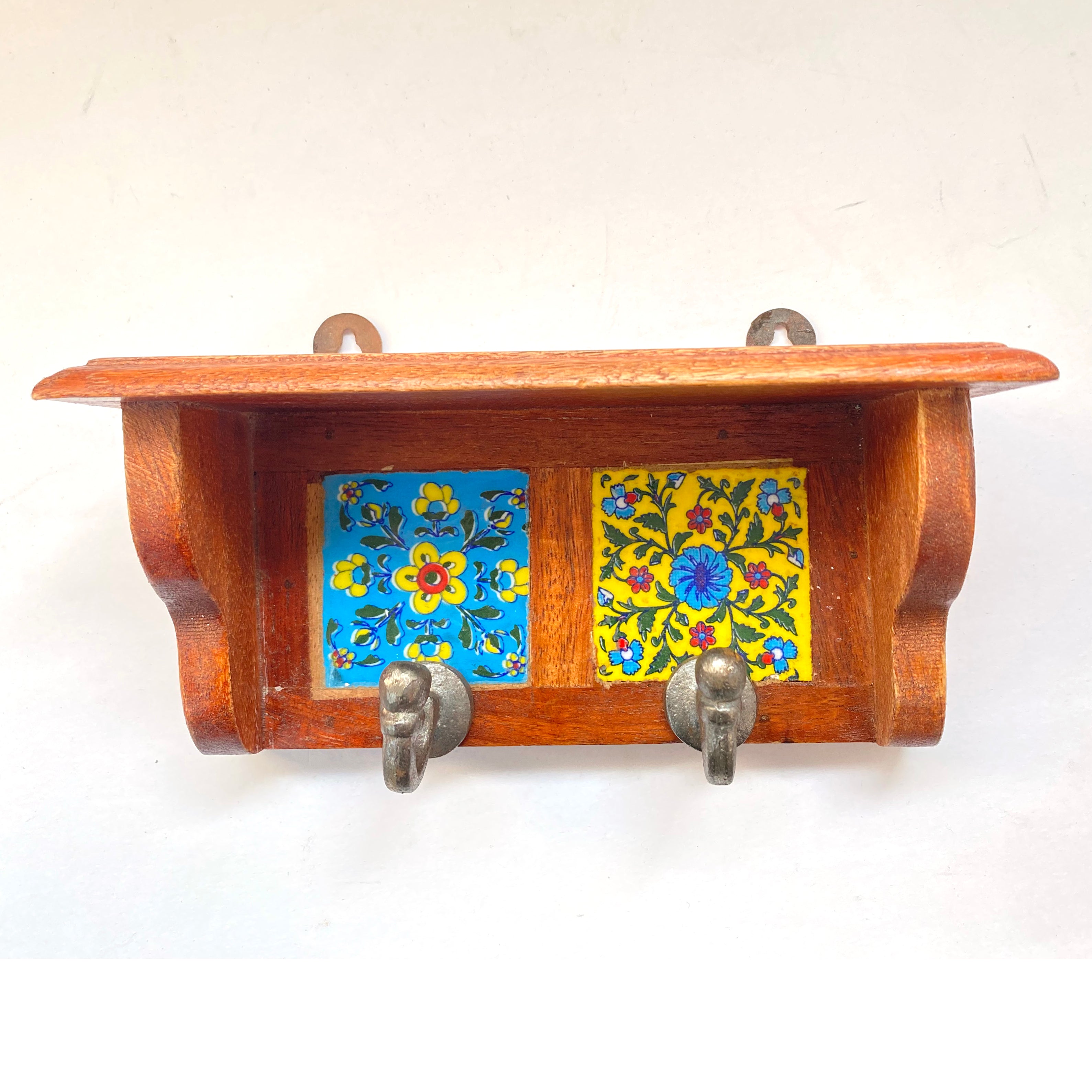 Hand-Painted Ceramic Wall Hooks with Wooden Base | 2-Hook Stylish & Durable Wall Mount for Clothes, Bags & Accessories | Handcrafted Decorative Wall Hanger