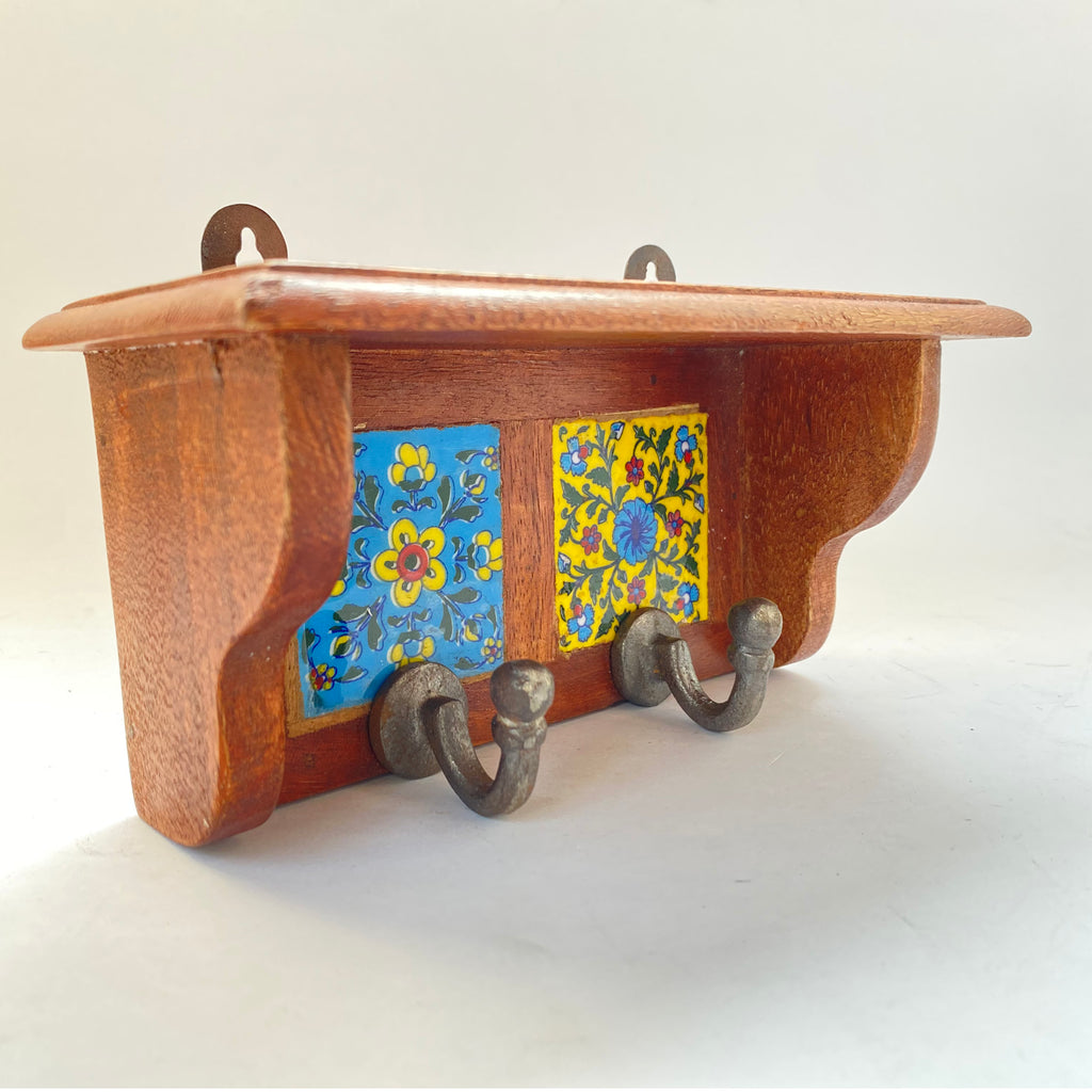 Hand-Painted Ceramic Wall Hooks with Wooden Base | 2-Hook Stylish & Durable Wall Mount for Clothes, Bags & Accessories | Handcrafted Decorative Wall Hanger