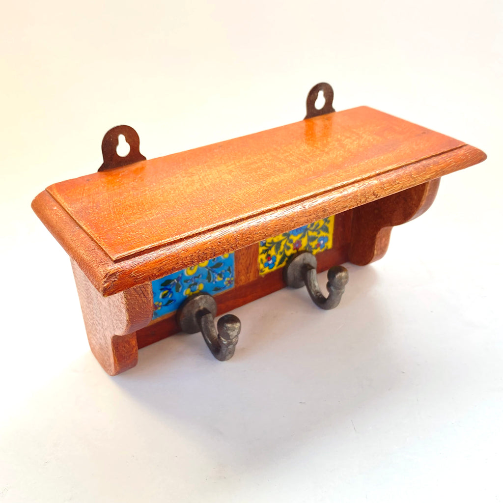 Hand-Painted Ceramic Wall Hooks with Wooden Base | 2-Hook Stylish & Durable Wall Mount for Clothes, Bags & Accessories | Handcrafted Decorative Wall Hanger