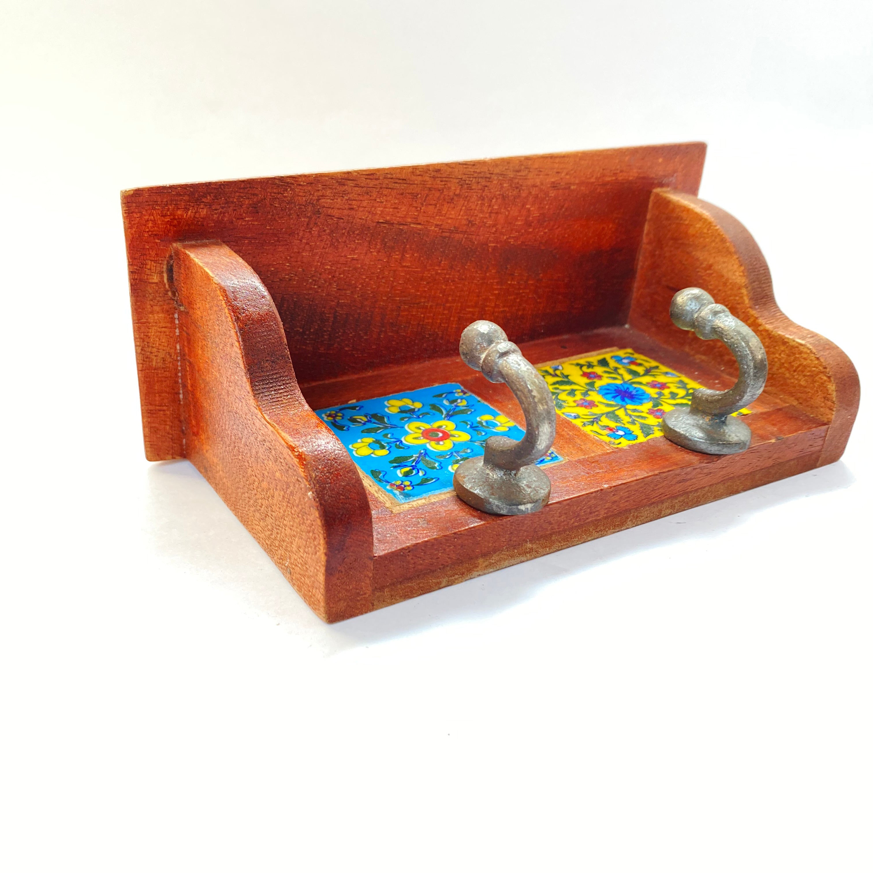 Hand-Painted Ceramic Wall Hooks with Wooden Base | 2-Hook Stylish & Durable Wall Mount for Clothes, Bags & Accessories | Handcrafted Decorative Wall Hanger