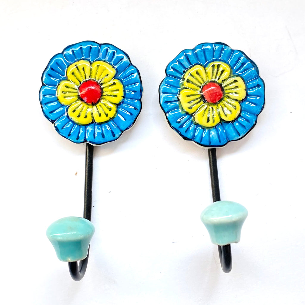 Ceramic Flower Wall Hooks with Teal Beads – Set of 2, Decorative Hooks for Keys, Towels, or Accessories
