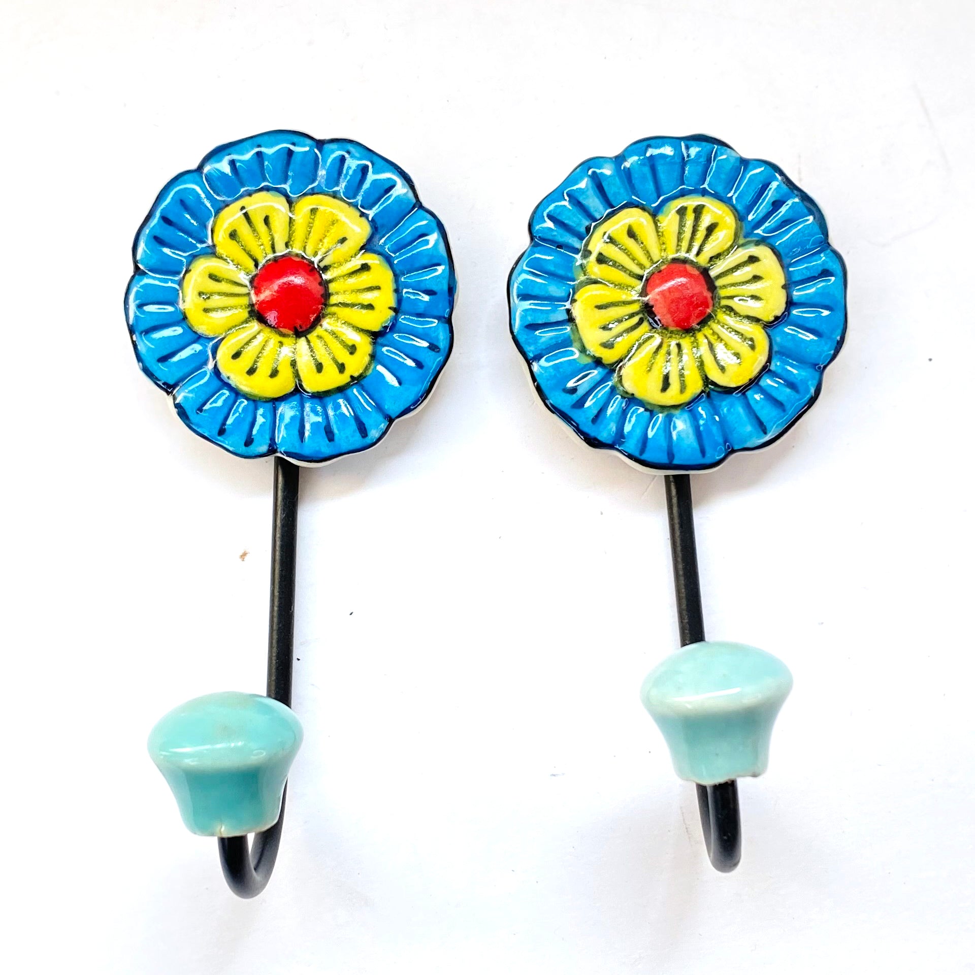 Ceramic Flower Wall Hooks with Teal Beads – Set of 2, Decorative Hooks for Keys, Towels, or Accessories