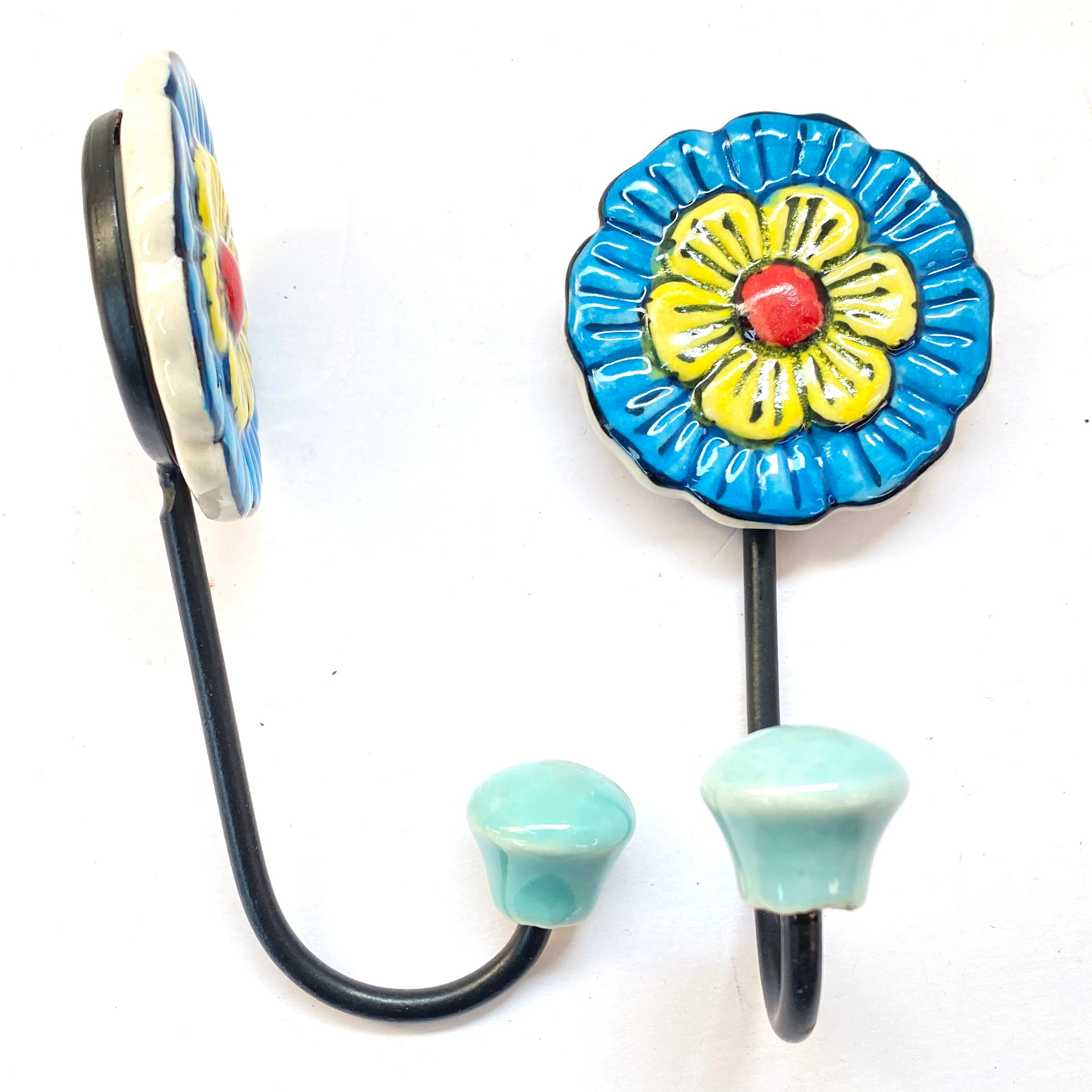 Ceramic Flower Wall Hooks with Teal Beads – Set of 2, Decorative Hooks for Keys, Towels, or Accessories