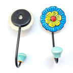 Ceramic Flower Wall Hooks with Teal Beads – Set of 2, Decorative Hooks for Keys, Towels, or Accessories
