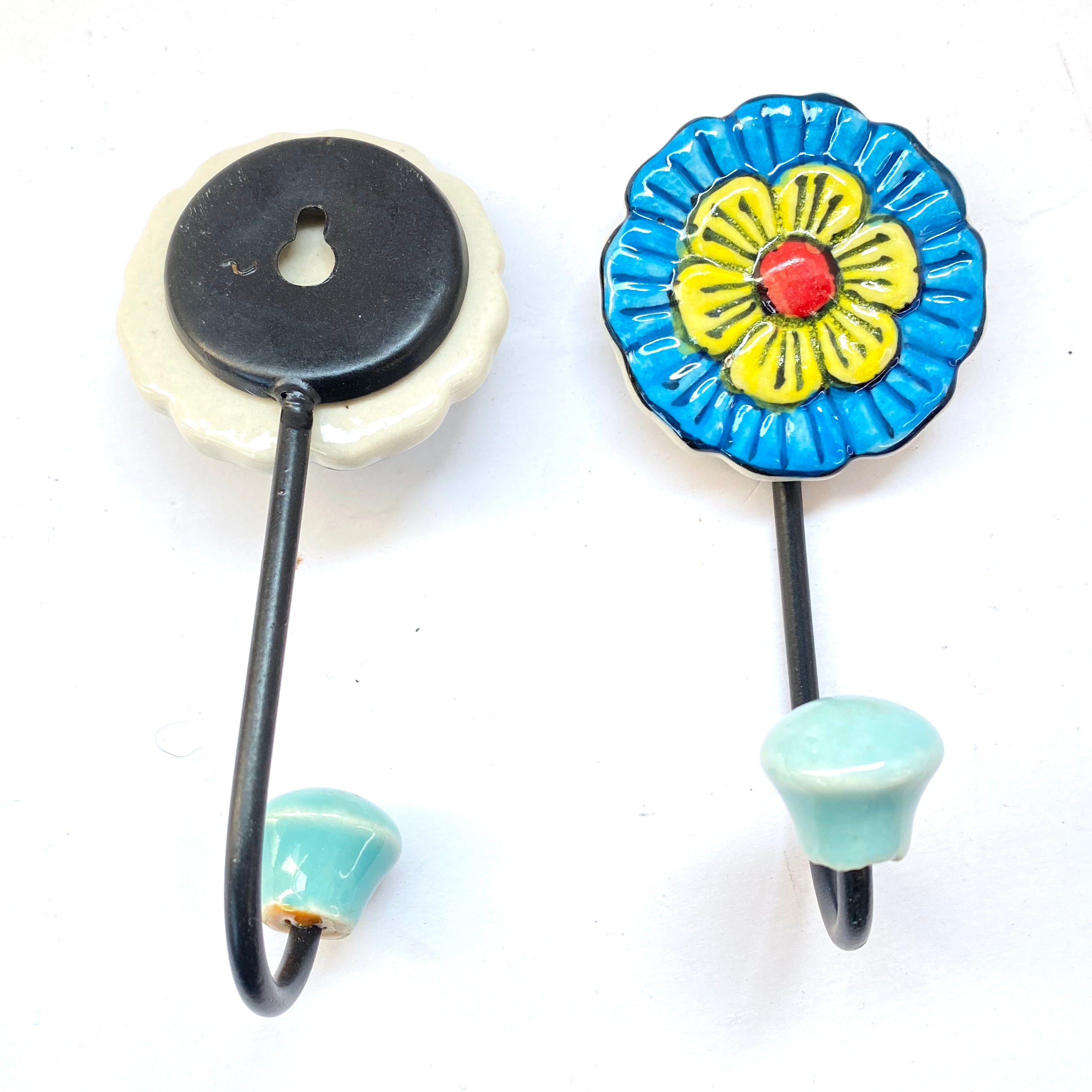Ceramic Flower Wall Hooks with Teal Beads – Set of 2, Decorative Hooks for Keys, Towels, or Accessories