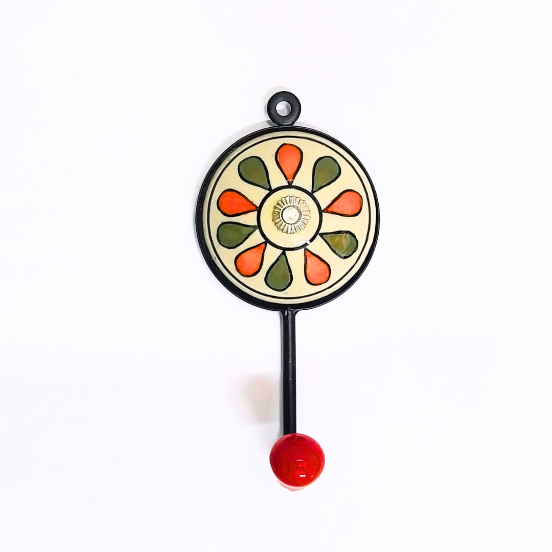 Decorative Wall Hook with Floral Design | Orange and Green Petals | Black Metal Base with Red Ball | Handcrafted Wall Hanger for Keys, Coats, Towels & Home Décor (Color May Vary)