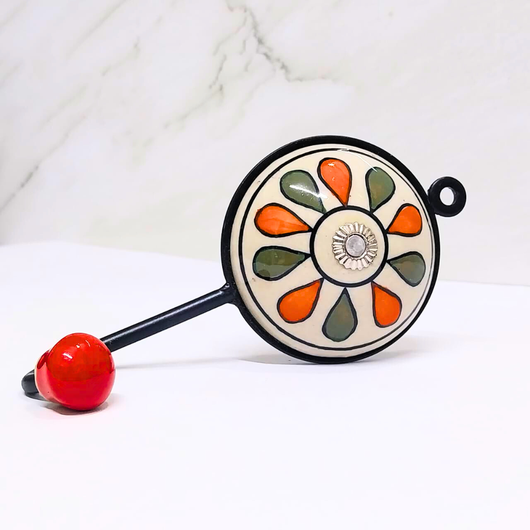 Decorative Wall Hook with Floral Design | Orange and Green Petals | Black Metal Base with Red Ball | Handcrafted Wall Hanger for Keys, Coats, Towels & Home Décor (Color May Vary)