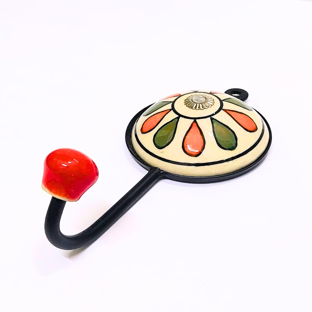 Decorative Wall Hook with Floral Design | Orange and Green Petals | Black Metal Base with Red Ball | Handcrafted Wall Hanger for Keys, Coats, Towels & Home Décor (Color May Vary)
