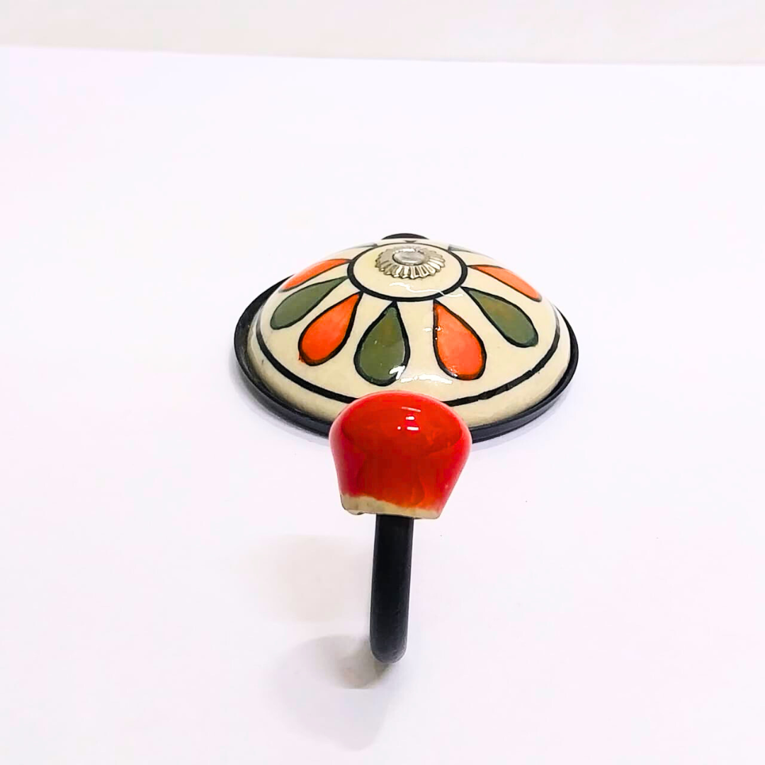 Decorative Wall Hook with Floral Design | Orange and Green Petals | Black Metal Base with Red Ball | Handcrafted Wall Hanger for Keys, Coats, Towels & Home Décor (Color May Vary)