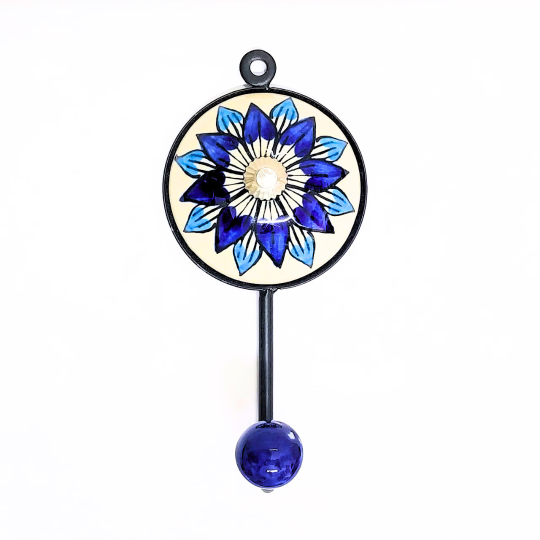 Decorative Metal Wall Hook with Blue Floral Design | Crystal Centre | Cream and Navy | Handcrafted Wall Hanger for Keys, Coats, Towels & Home Décor (Color May Vary)