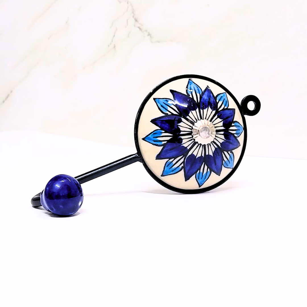 Decorative Metal Wall Hook with Blue Floral Design | Crystal Centre | Cream and Navy | Handcrafted Wall Hanger for Keys, Coats, Towels & Home Décor (Color May Vary)