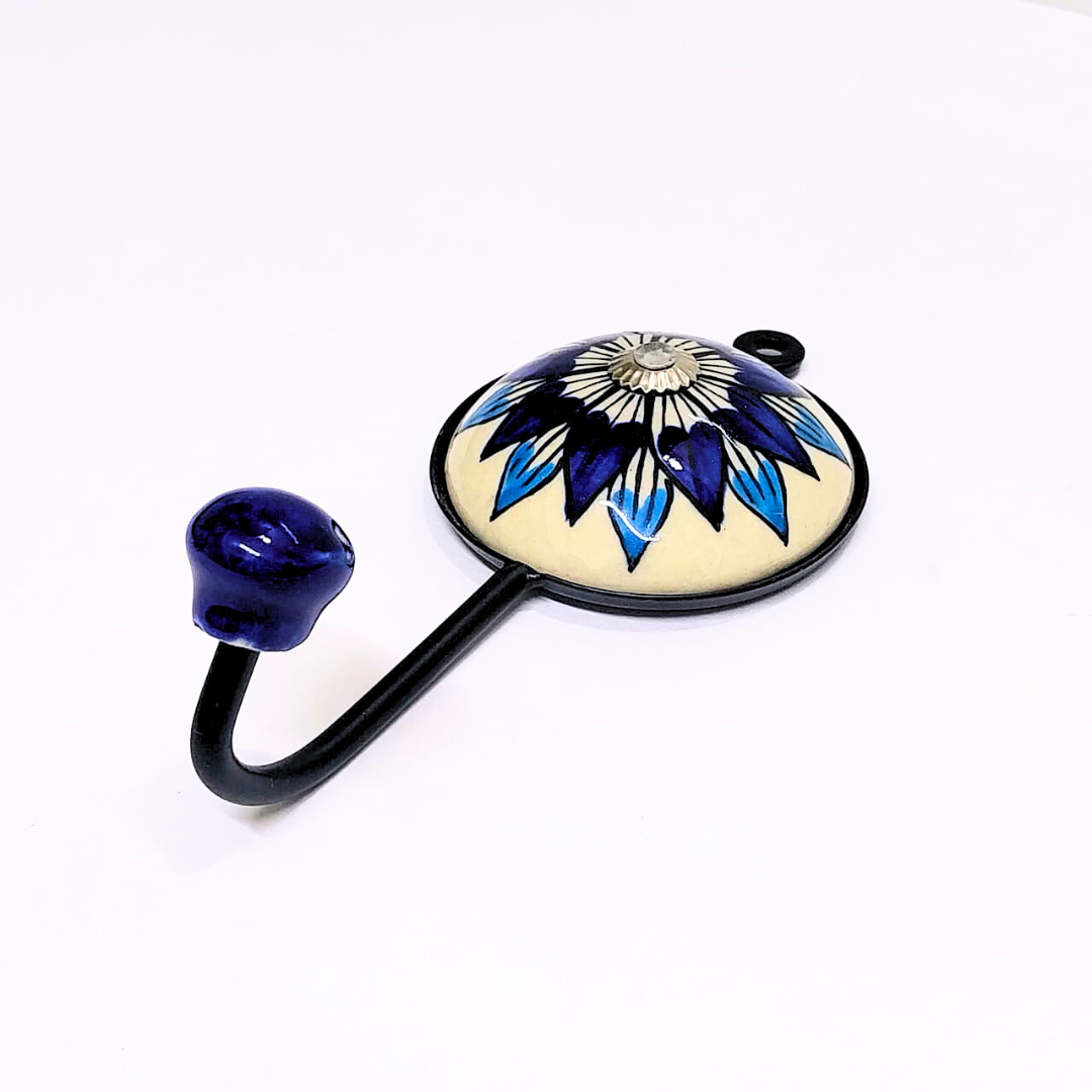 Decorative Metal Wall Hook with Blue Floral Design | Crystal Centre | Cream and Navy | Handcrafted Wall Hanger for Keys, Coats, Towels & Home Décor (Color May Vary)