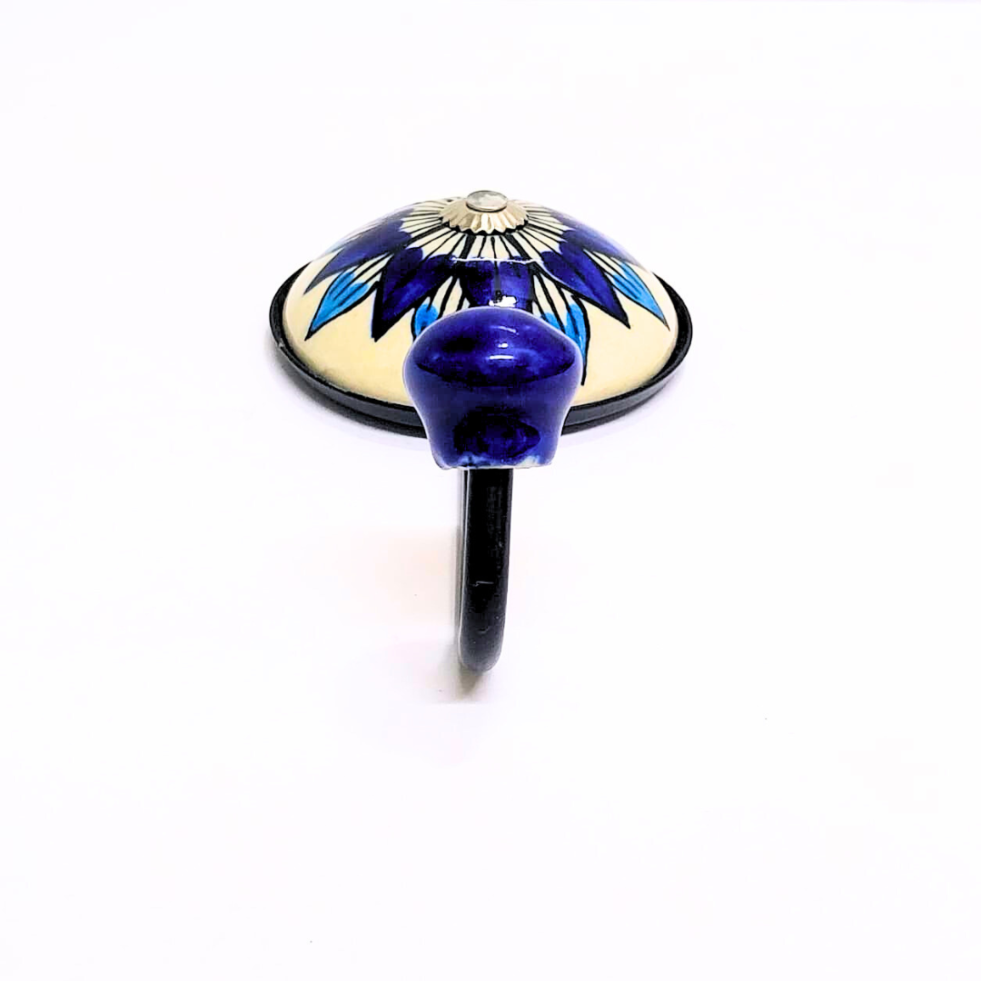 Decorative Metal Wall Hook with Blue Floral Design | Crystal Centre | Cream and Navy | Handcrafted Wall Hanger for Keys, Coats, Towels & Home Décor (Color May Vary)