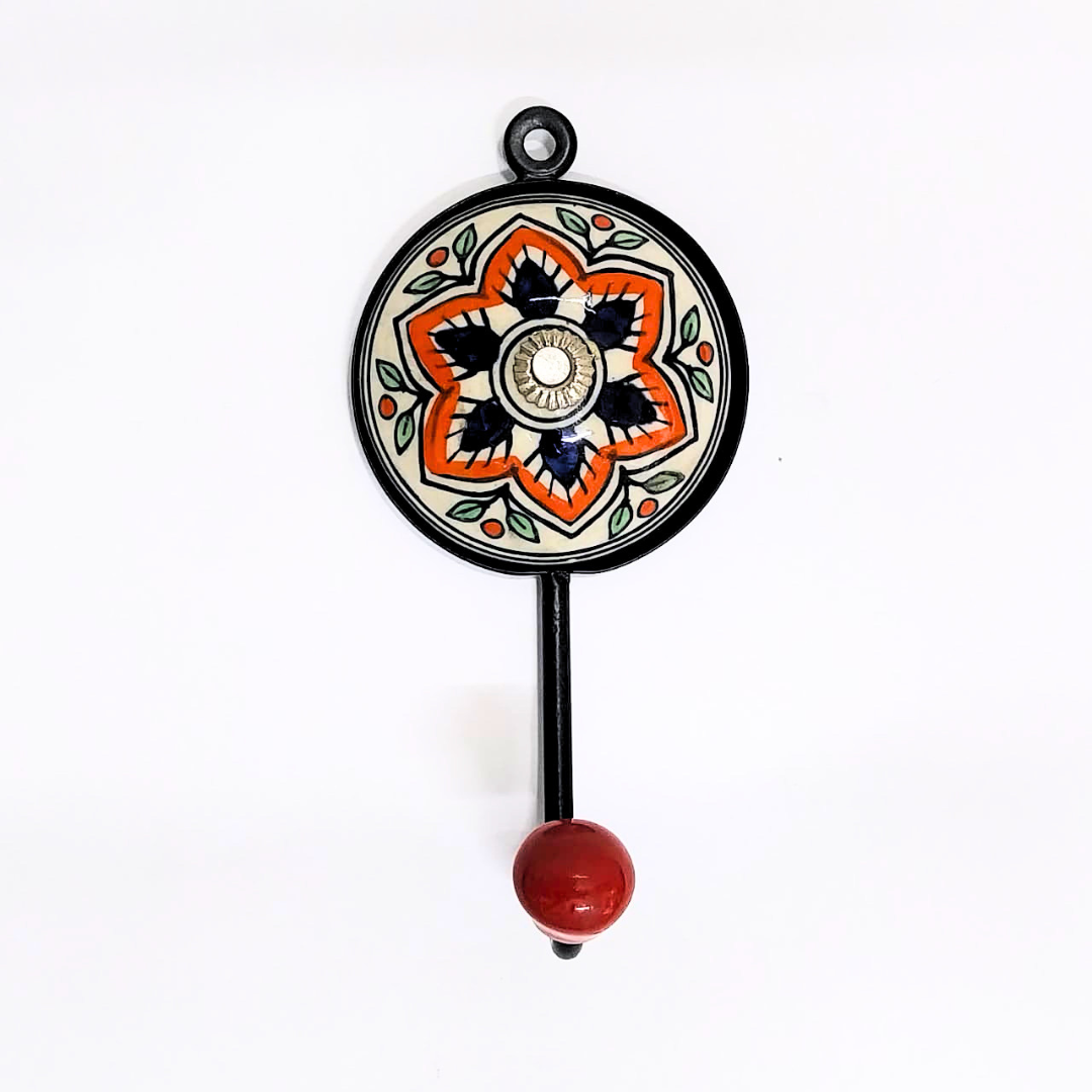 Decorative Ceramic Wall Hook | Orange and Navy Floral Design | Single Hook with Red Ball End | Handcrafted Metal & Ceramic Wall Hanger for Keys, Coats, Towels & Home Décor (Color May Vary)