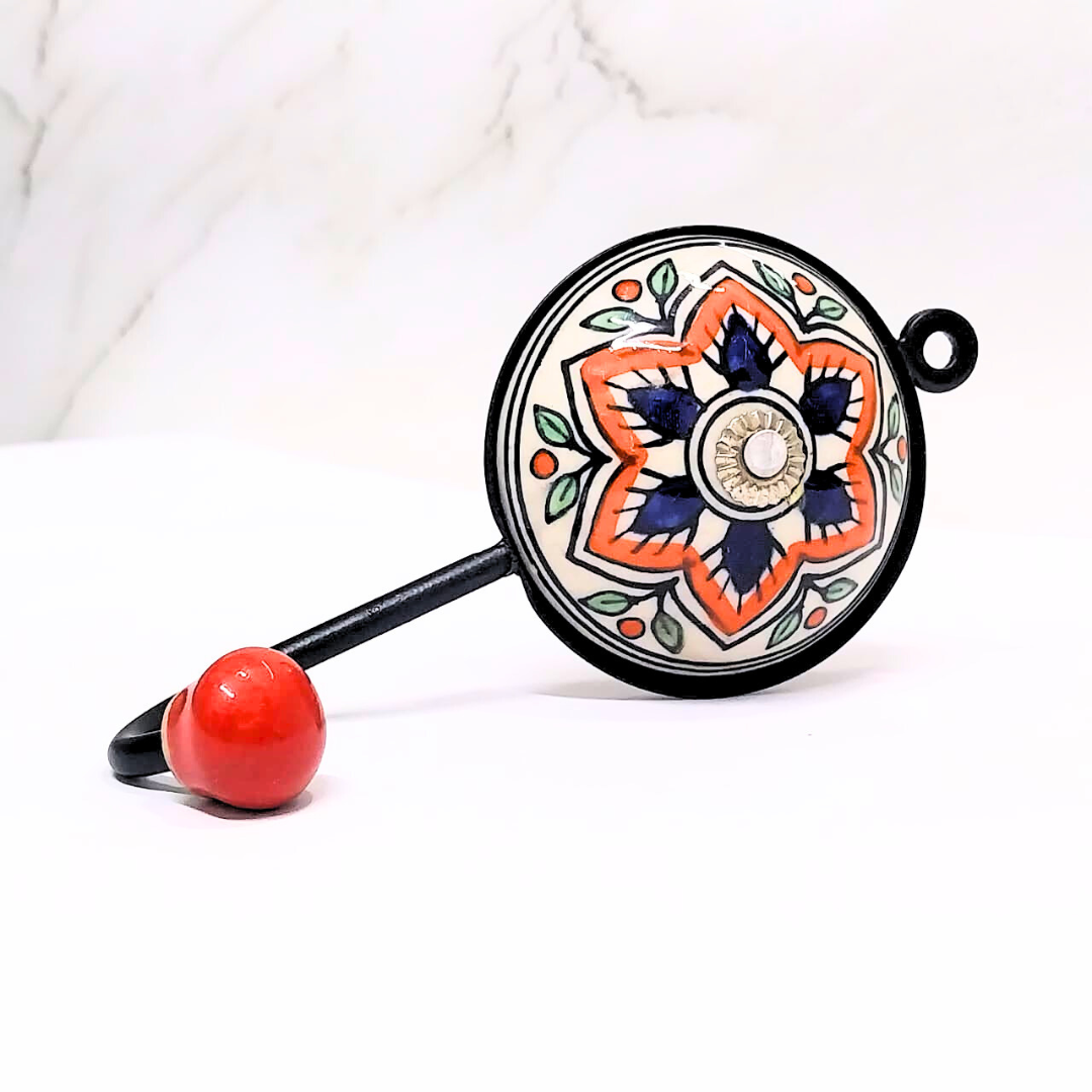 Decorative Ceramic Wall Hook | Orange and Navy Floral Design | Single Hook with Red Ball End | Handcrafted Metal & Ceramic Wall Hanger for Keys, Coats, Towels & Home Décor (Color May Vary)