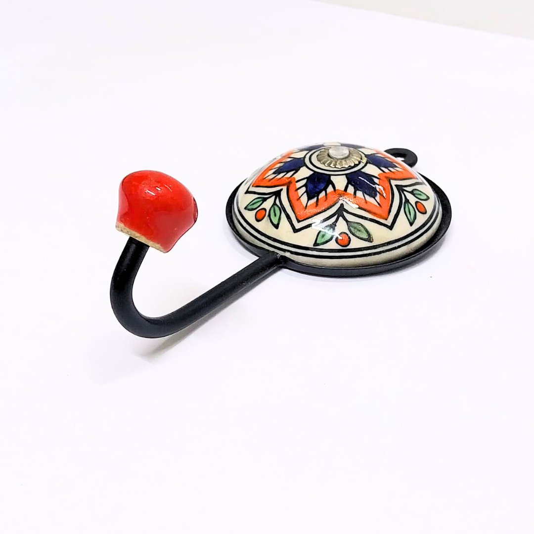 Decorative Ceramic Wall Hook | Orange and Navy Floral Design | Single Hook with Red Ball End | Handcrafted Metal & Ceramic Wall Hanger for Keys, Coats, Towels & Home Décor (Color May Vary)