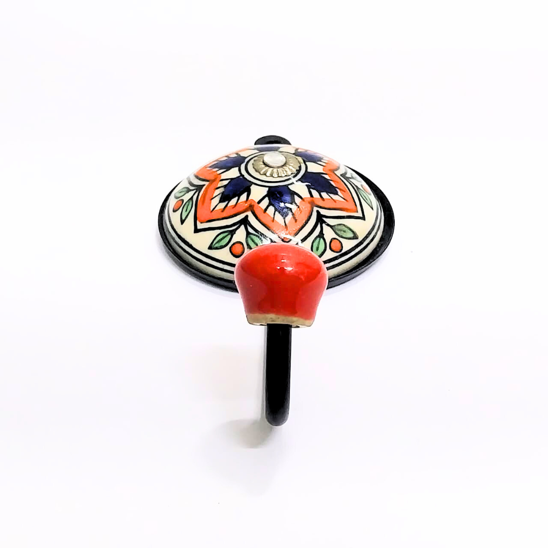 Decorative Ceramic Wall Hook | Orange and Navy Floral Design | Single Hook with Red Ball End | Handcrafted Metal & Ceramic Wall Hanger for Keys, Coats, Towels & Home Décor (Color May Vary)