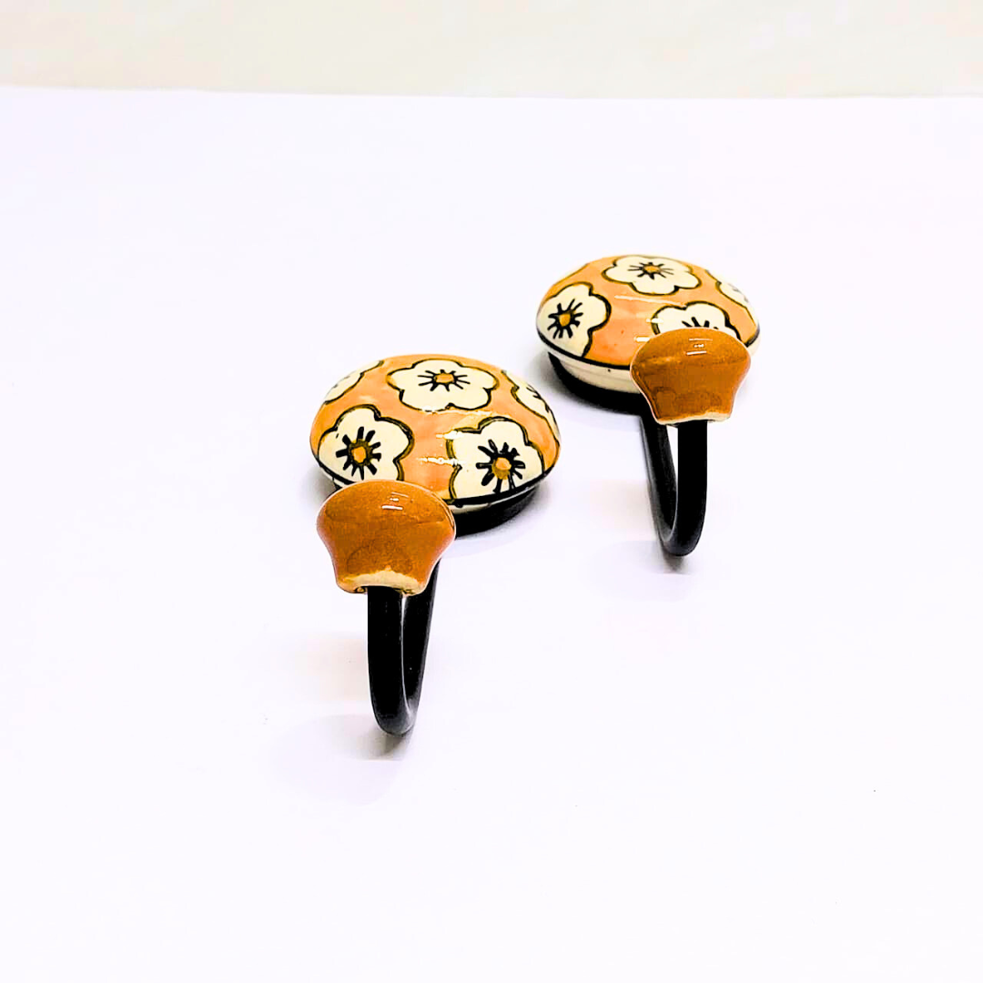 Decorative Ceramic Wall Hooks with Floral Pattern | Orange and White | Set of 2 Handcrafted Metal & Ceramic Wall Hangers for Keys, Coats, Towels & Home Décor (Color May Vary)