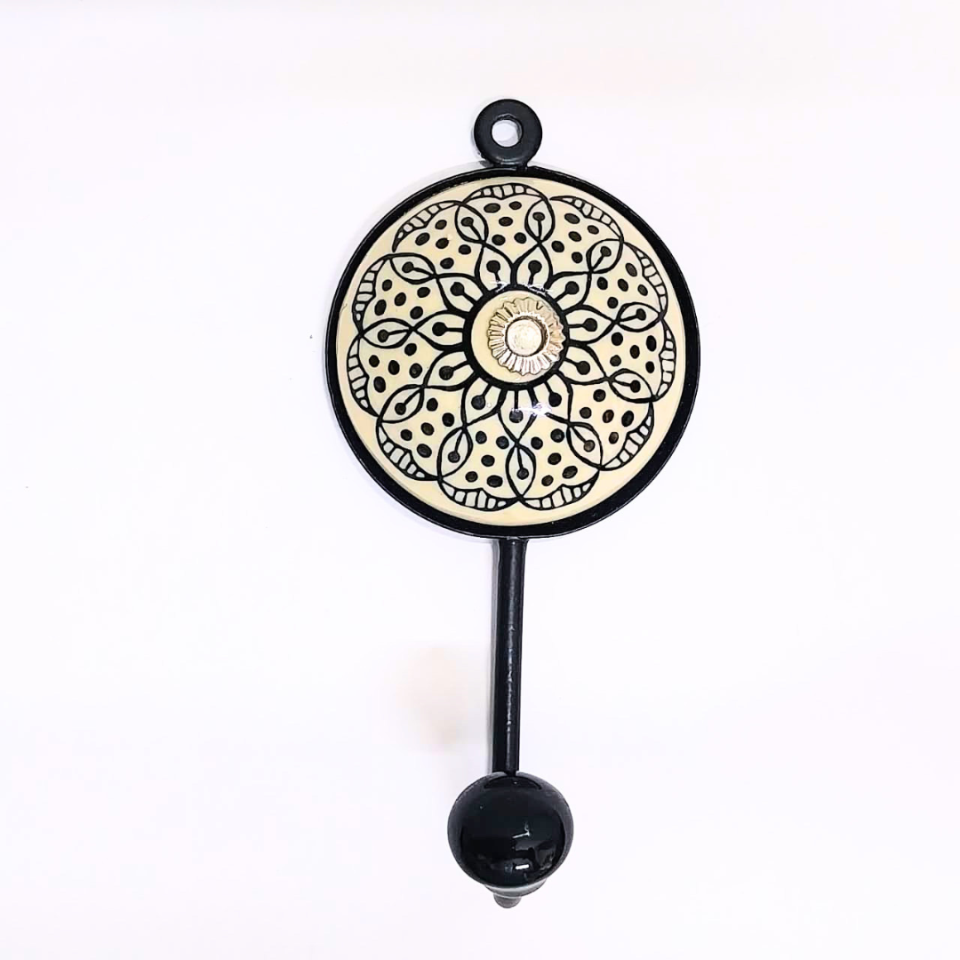 Decorative Wall Hook with Mandala Pattern | Ceramic Hanger with Black Metal Hook | Vintage Style Handcrafted Wall Hanger for Keys, Coats, Towels & Home Décor (Color May Vary)