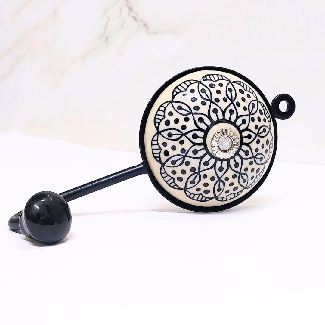 Decorative Wall Hook with Mandala Pattern | Ceramic Hanger with Black Metal Hook | Vintage Style Handcrafted Wall Hanger for Keys, Coats, Towels & Home Décor (Color May Vary)