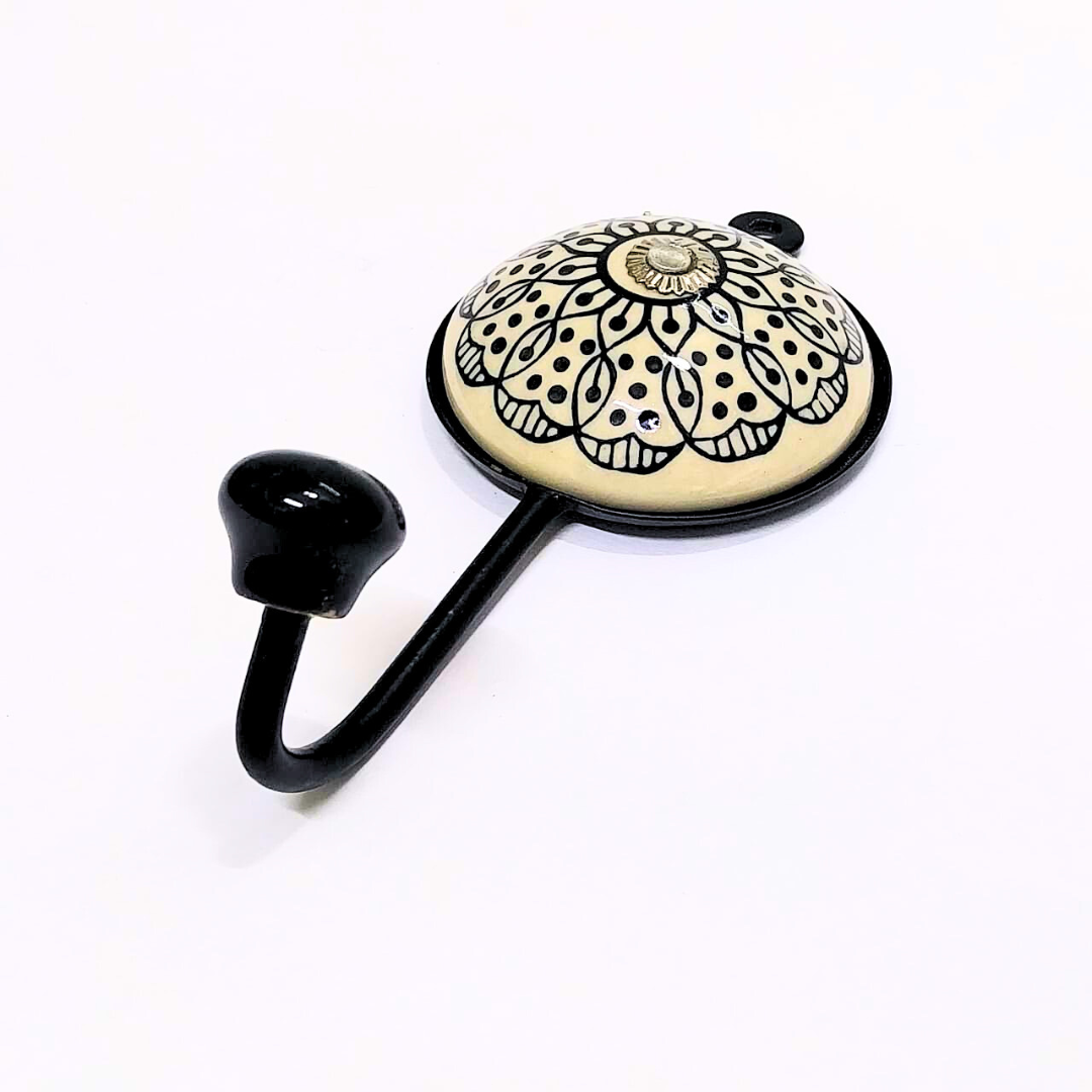 Decorative Wall Hook with Mandala Pattern | Ceramic Hanger with Black Metal Hook | Vintage Style Handcrafted Wall Hanger for Keys, Coats, Towels & Home Décor (Color May Vary)