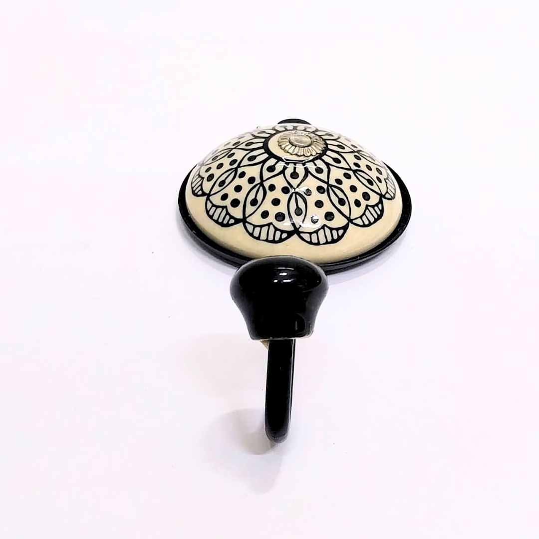 Decorative Wall Hook with Mandala Pattern | Ceramic Hanger with Black Metal Hook | Vintage Style Handcrafted Wall Hanger for Keys, Coats, Towels & Home Décor (Color May Vary)
