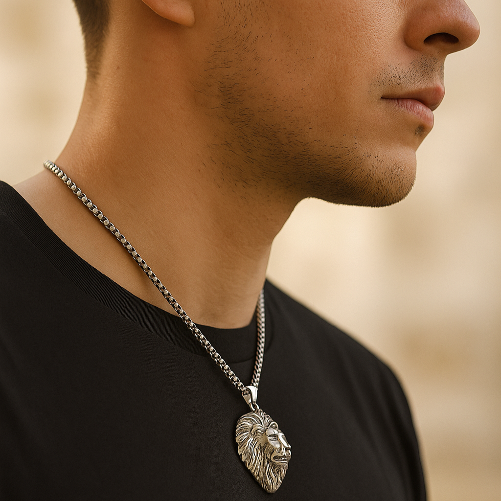 Silver lion pendant chain for men