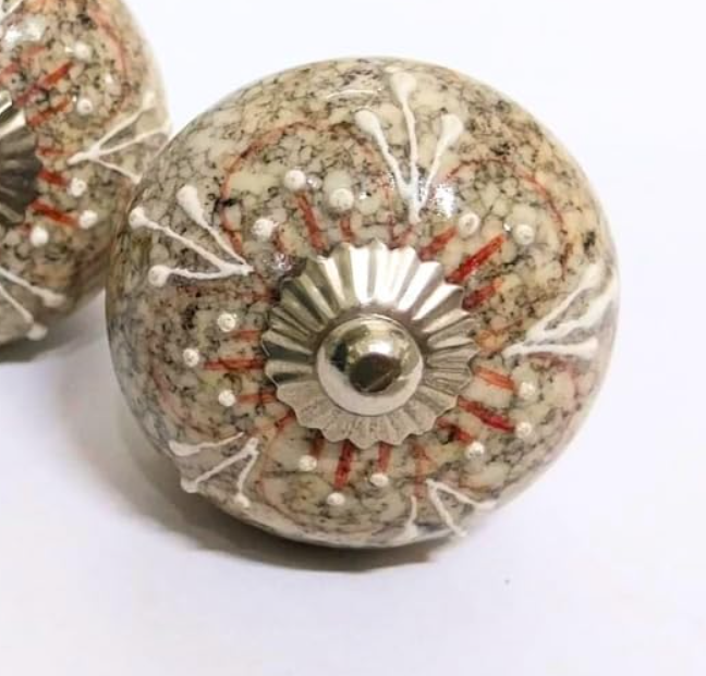 Decorative Ceramic Drawer Knobs, Speckled Beige with Coral Pattern, Set of 6