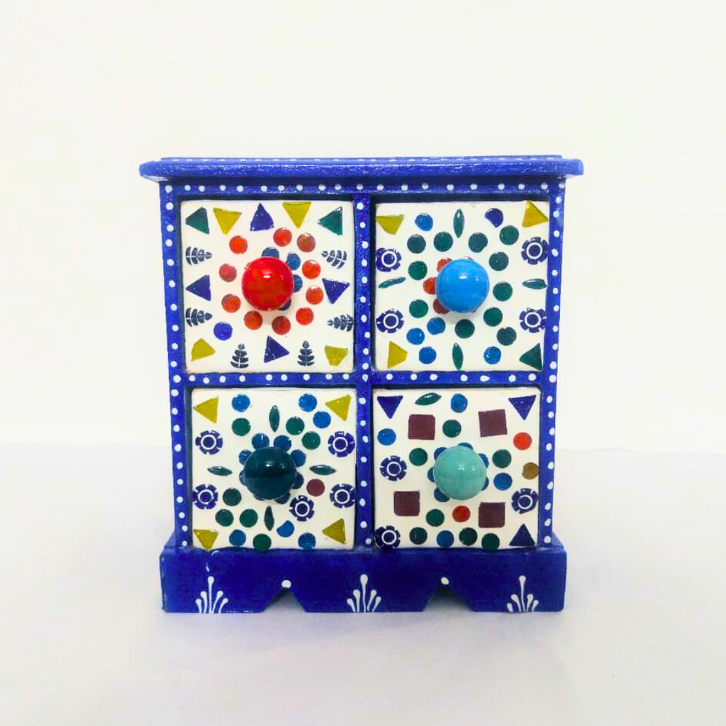 Decorative 4-Drawer Ceramic Storage Box | Blue and White Pattern with Colourful Knobs | Multipurpose Organizer for Jewelry, Trinkets, Keys & Small Essentials