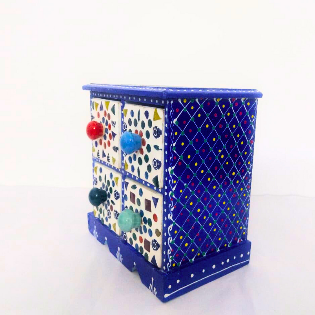 Decorative 4-Drawer Ceramic Storage Box | Blue and White Pattern with Colourful Knobs | Multipurpose Organizer for Jewelry, Trinkets, Keys & Small Essentials