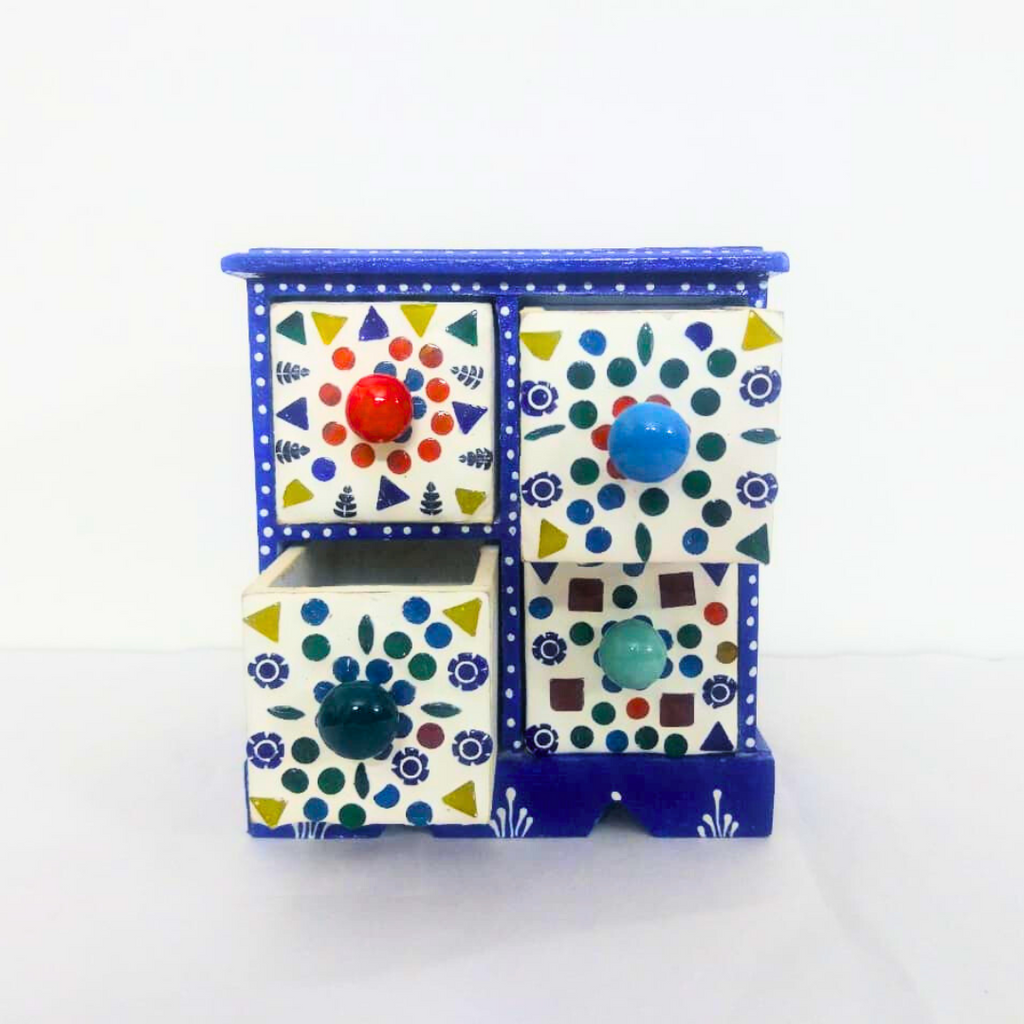 Decorative 4-Drawer Ceramic Storage Box | Blue and White Pattern with Colourful Knobs | Multipurpose Organizer for Jewelry, Trinkets, Keys & Small Essentials