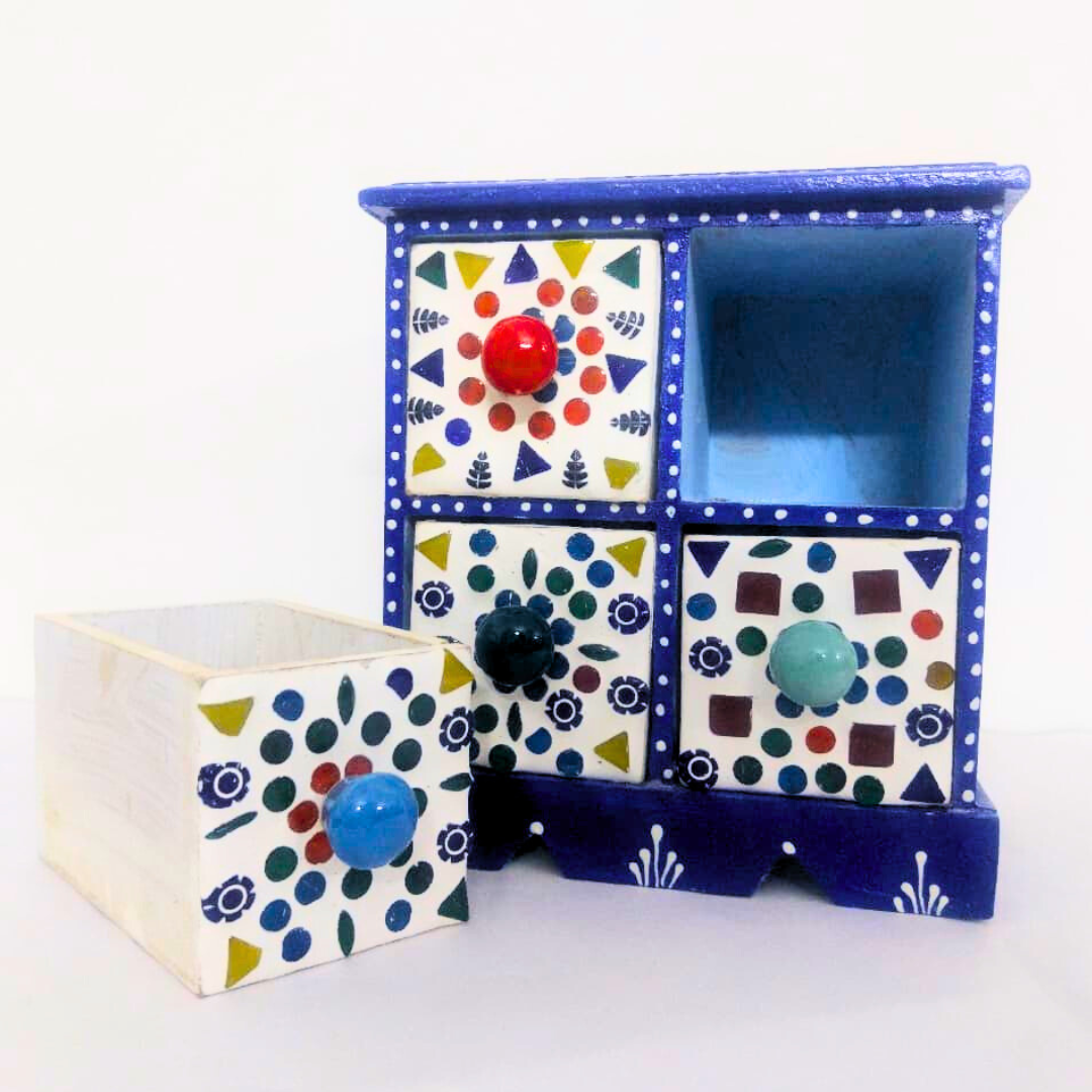 Decorative 4-Drawer Ceramic Storage Box | Blue and White Pattern with Colourful Knobs | Multipurpose Organizer for Jewelry, Trinkets, Keys & Small Essentials