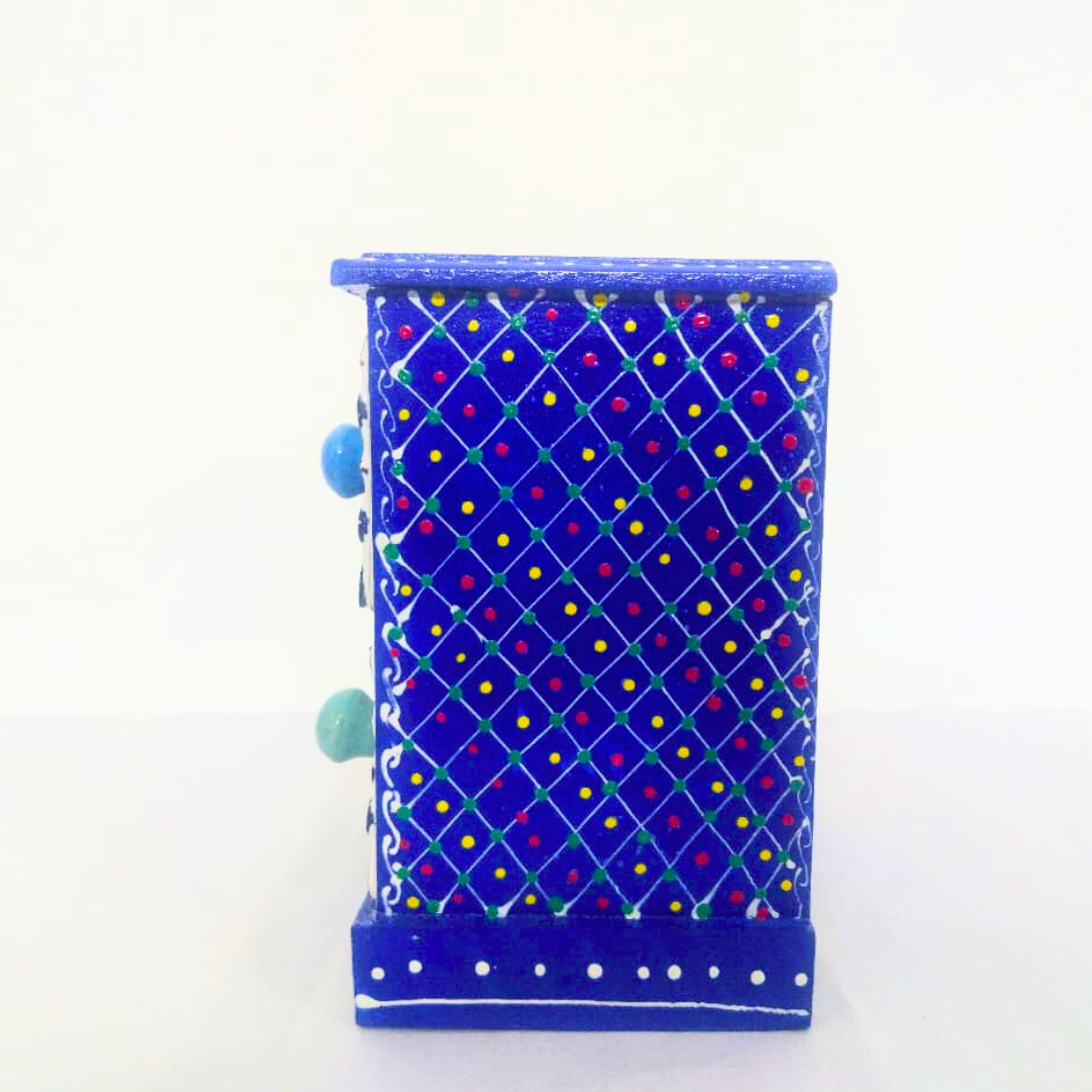 Decorative 4-Drawer Ceramic Storage Box | Blue and White Pattern with Colourful Knobs | Multipurpose Organizer for Jewelry, Trinkets, Keys & Small Essentials