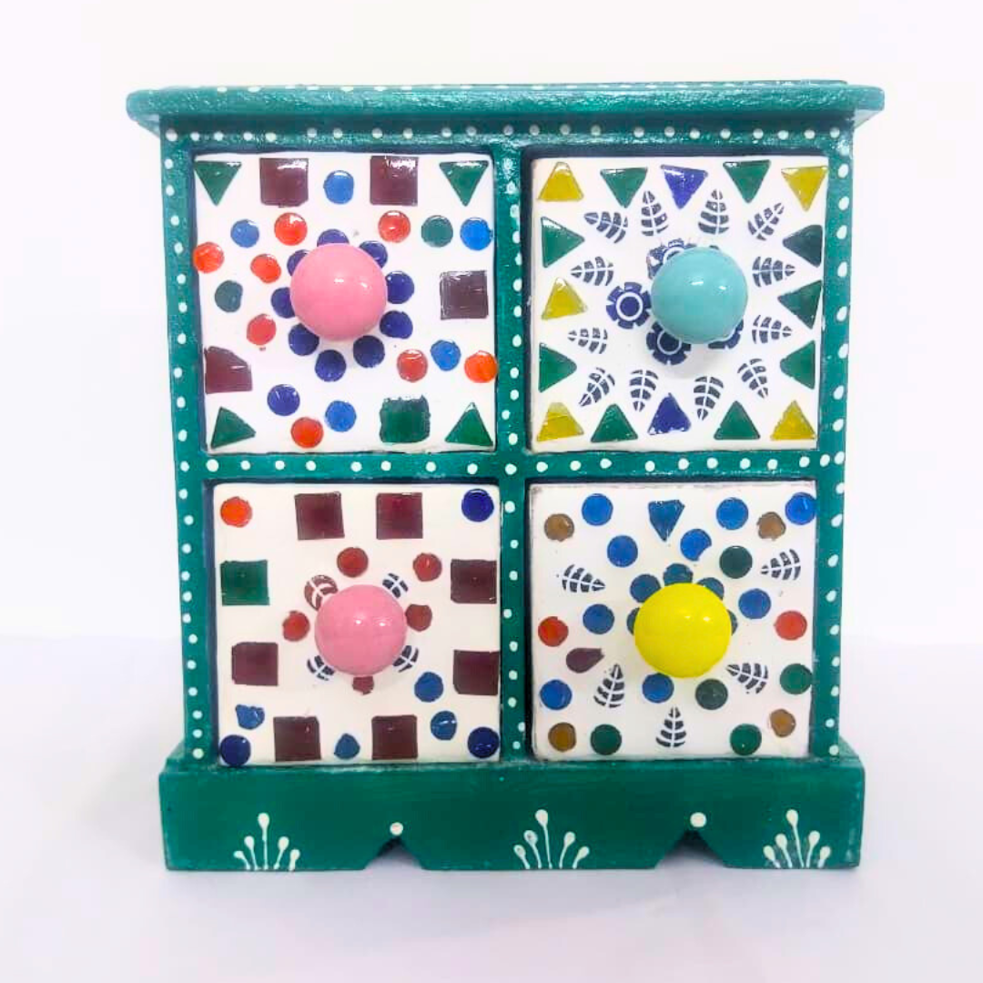 Decorative 4-Drawer Ceramic Storage Box | Teal Green and White Pattern with Colourful Knobs | Multipurpose Organizer for Jewelry, Trinkets, Keys & Small Essentials
