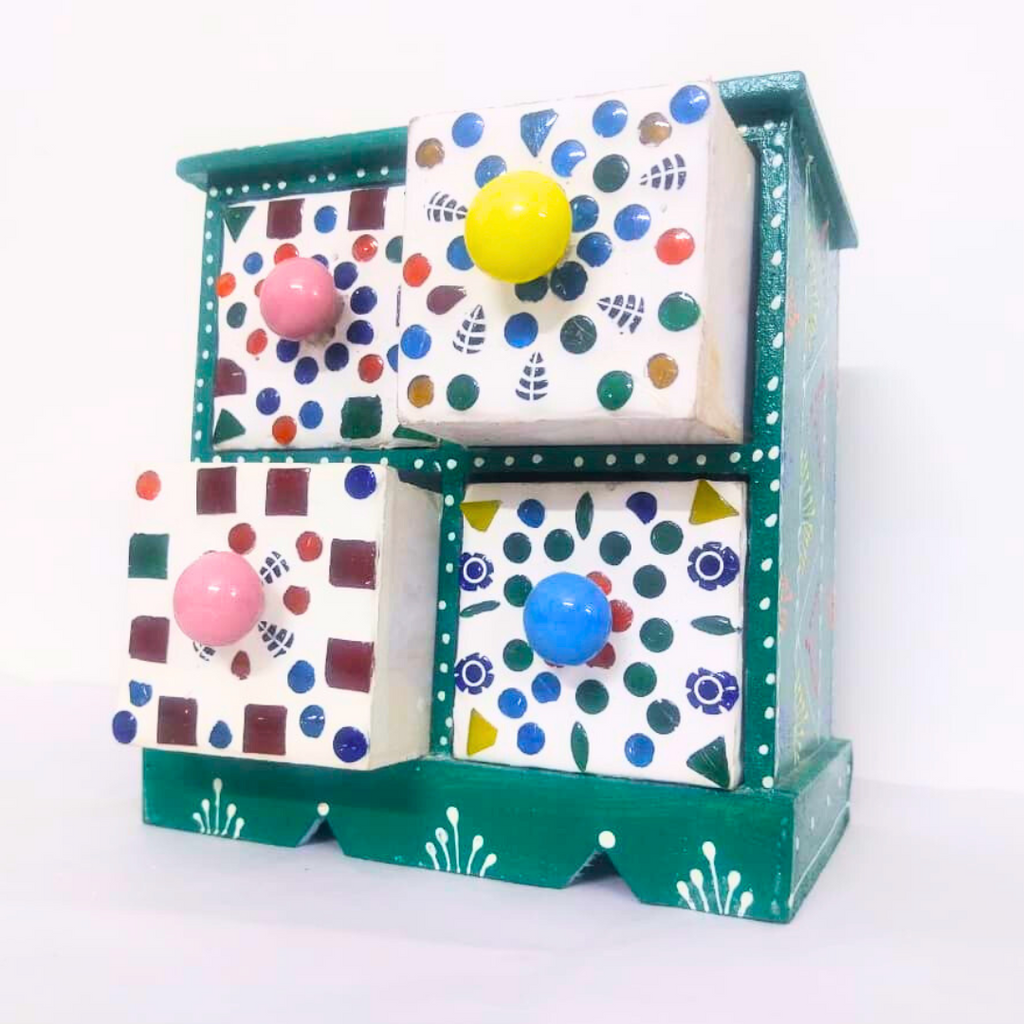 Decorative 4-Drawer Ceramic Storage Box | Teal Green and White Pattern with Colourful Knobs | Multipurpose Organizer for Jewelry, Trinkets, Keys & Small Essentials