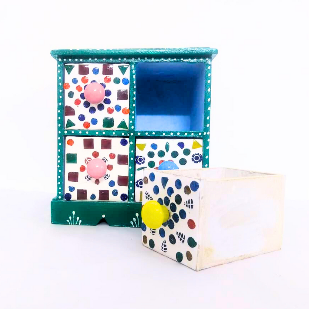 Decorative 4-Drawer Ceramic Storage Box | Teal Green and White Pattern with Colourful Knobs | Multipurpose Organizer for Jewelry, Trinkets, Keys & Small Essentials