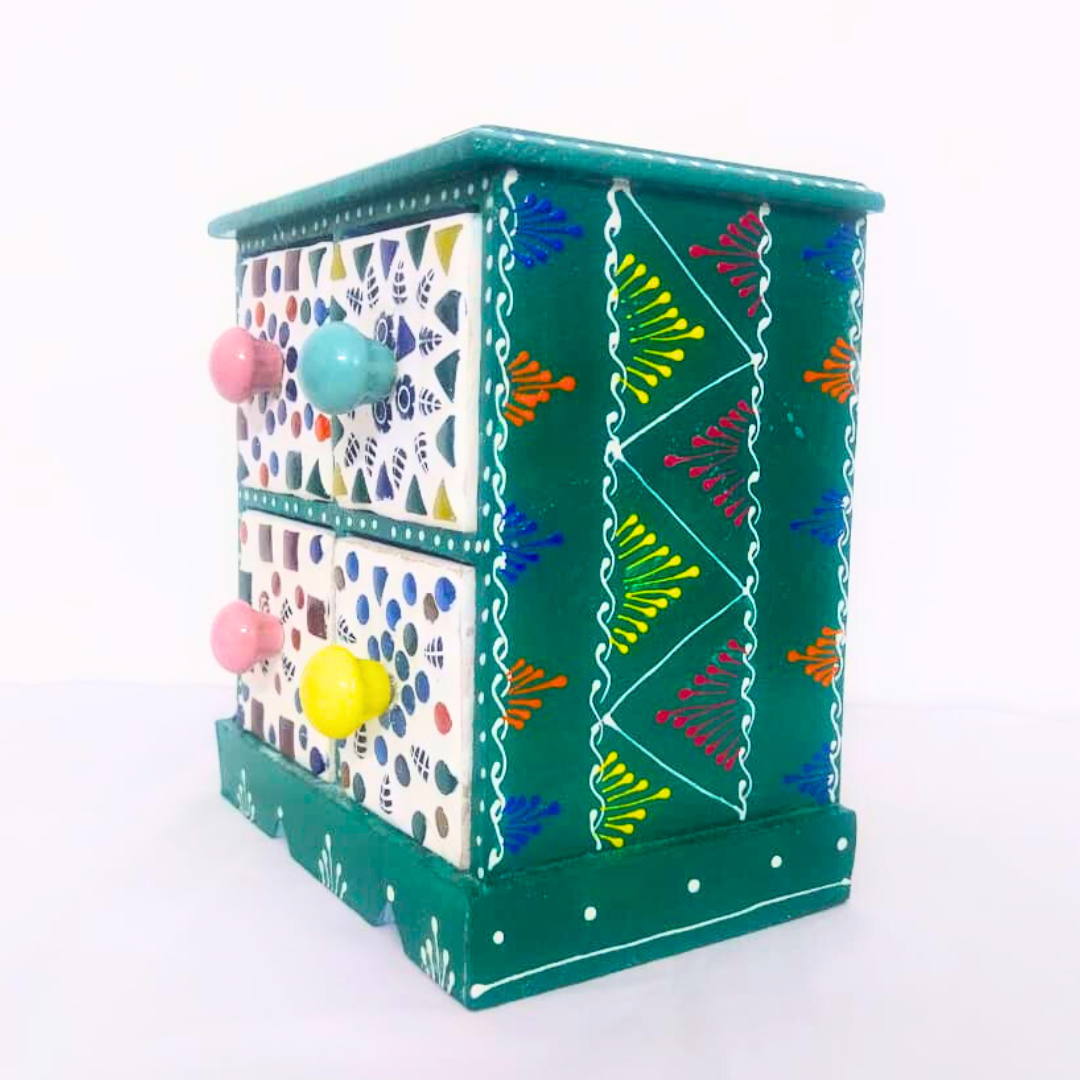 Decorative 4-Drawer Ceramic Storage Box | Teal Green and White Pattern with Colourful Knobs | Multipurpose Organizer for Jewelry, Trinkets, Keys & Small Essentials